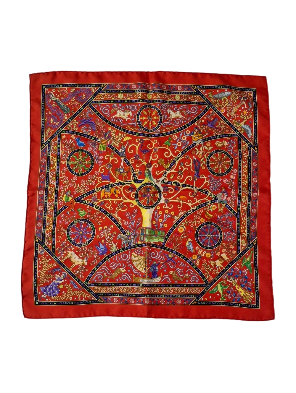 Hermes Peuple du Vent Silk Scarf 45cm Red Multicolor New In Box Mini Carre - Picture 2 of 14